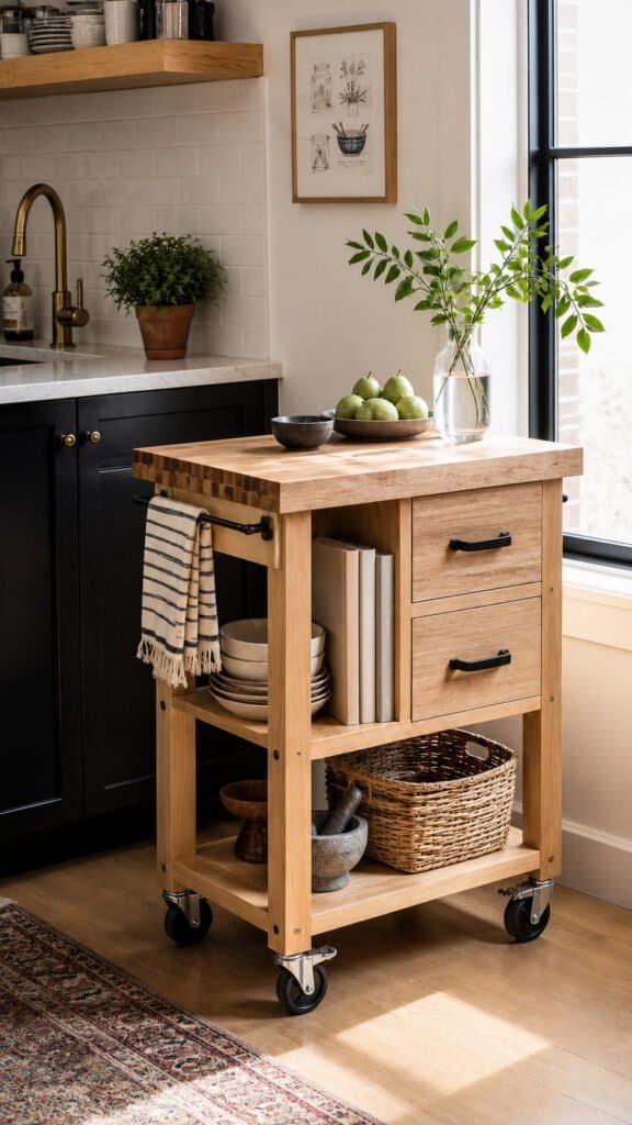 Rolling butcher block kitchen cart beside a small studio kitchen counter