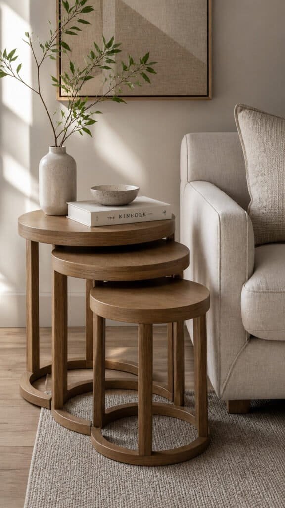 Graduated set of round wood nesting tables beside a sofa