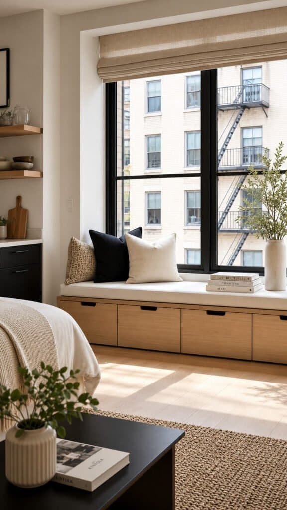 Under window storage bench with cushions in a studio apartment