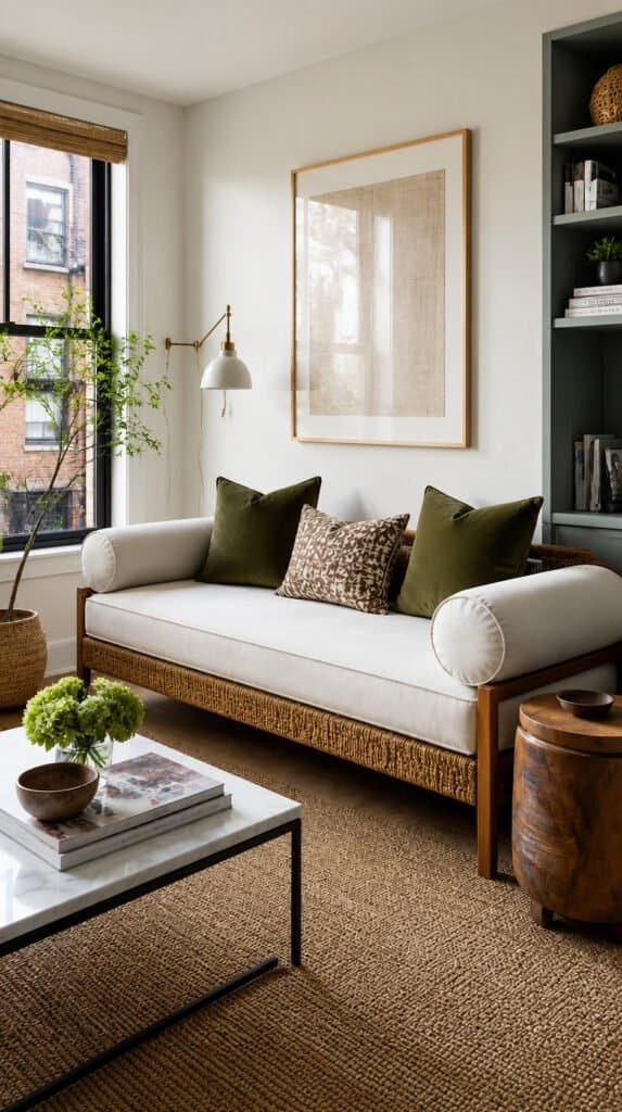 Daybed with bolster pillows serving as living room seating
