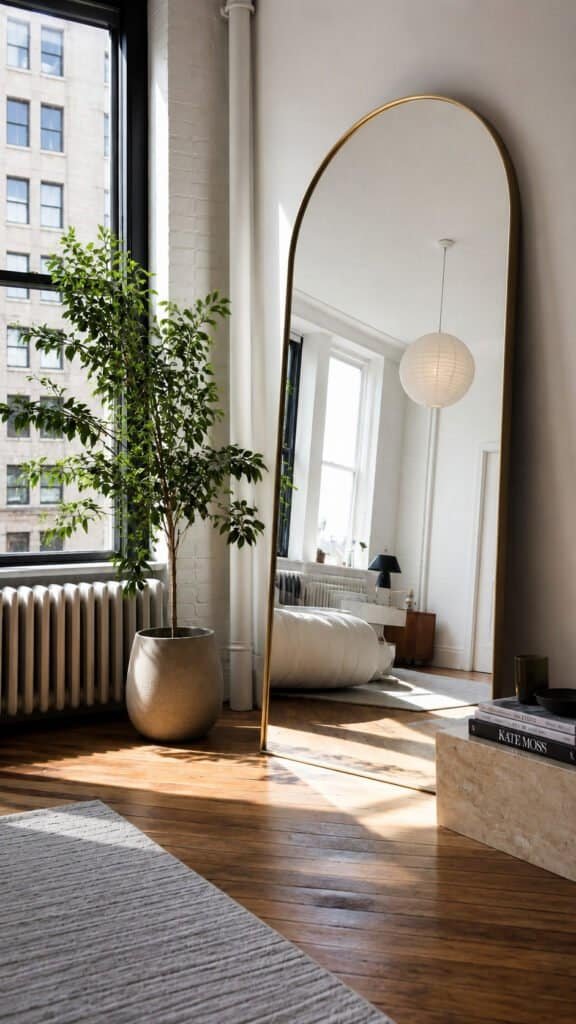 Large leaning arched mirror across from a window in a studio apartment