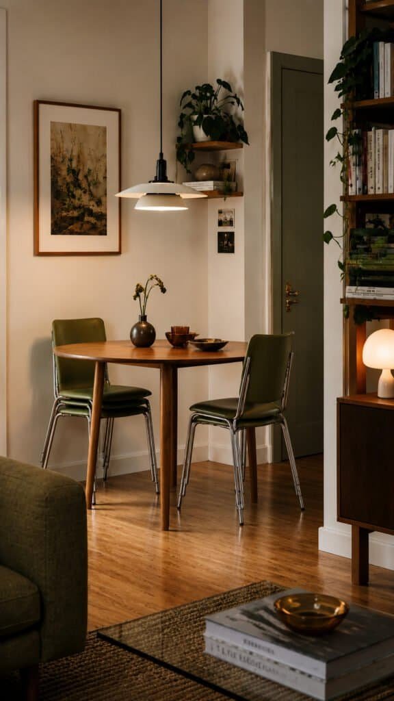 Small round dining table with stackable chairs and a pendant light
