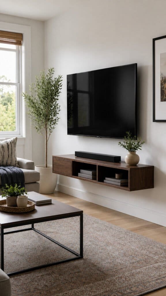 Wall mounted television above a floating media shelf in a small living room