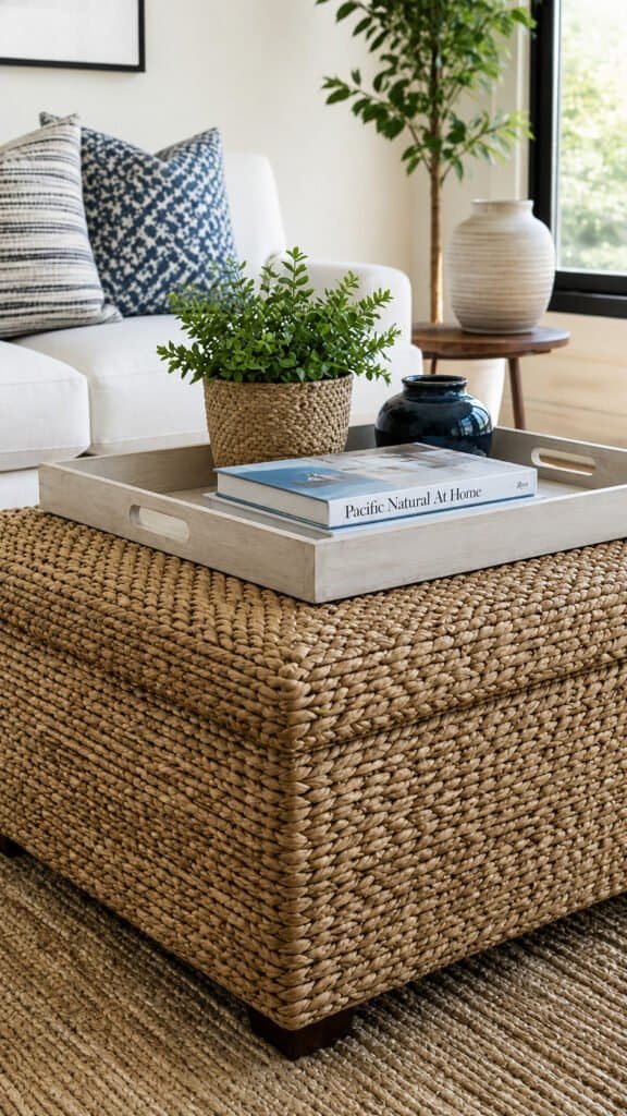 Woven storage ottoman used as a coffee table with a tray on top