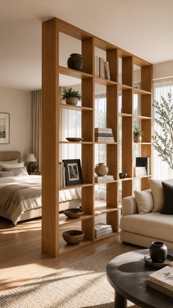 Open shelving room divider separating bed and living areas