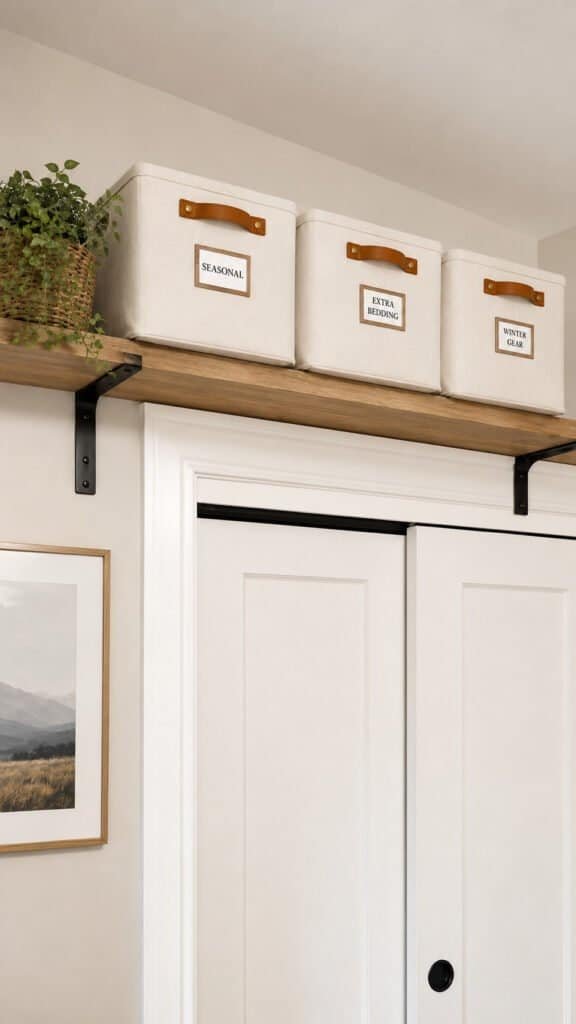 Wall shelf above a closet door holding labeled storage bins