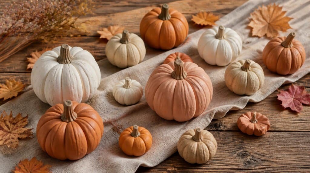 Handmade air dry clay pumpkins in various sizes arranged on a rustic wood table with fall leaves
