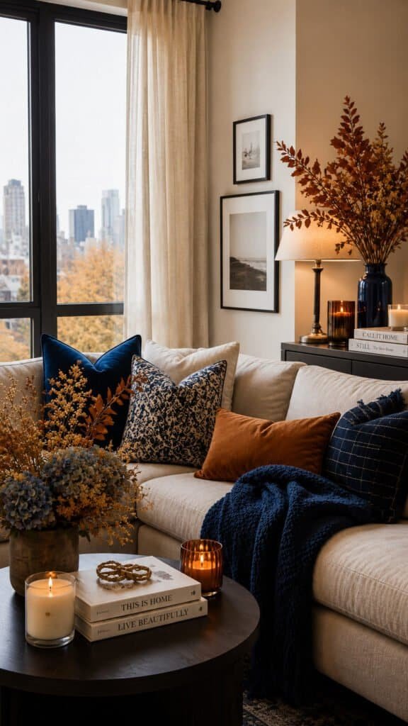 Full styled apartment corner with blue fall decor accents