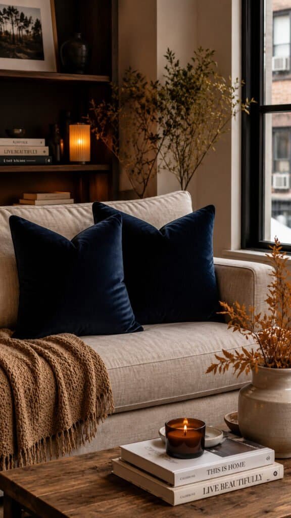 Navy velvet throw pillows on a neutral linen sofa -blue fall decor ideas