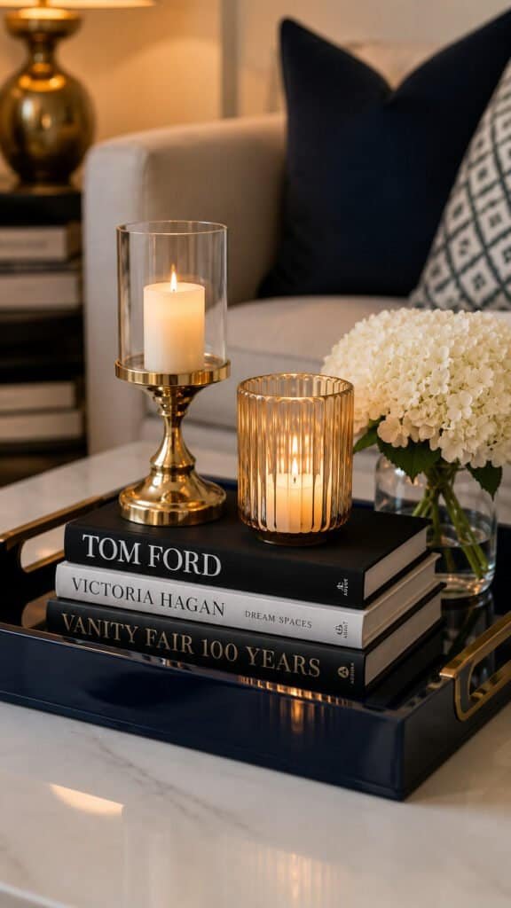Navy lacquer tray styled with gold candle holders and books