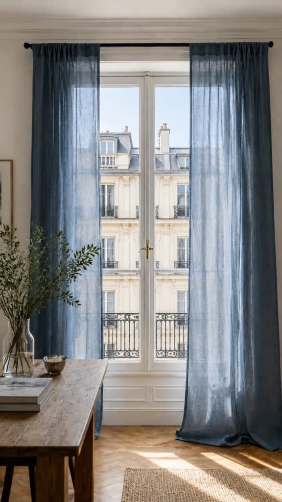 Chambray blue linen curtains framing a bright window
