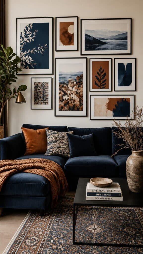 Gallery wall of blue and rust toned art prints in matching frames