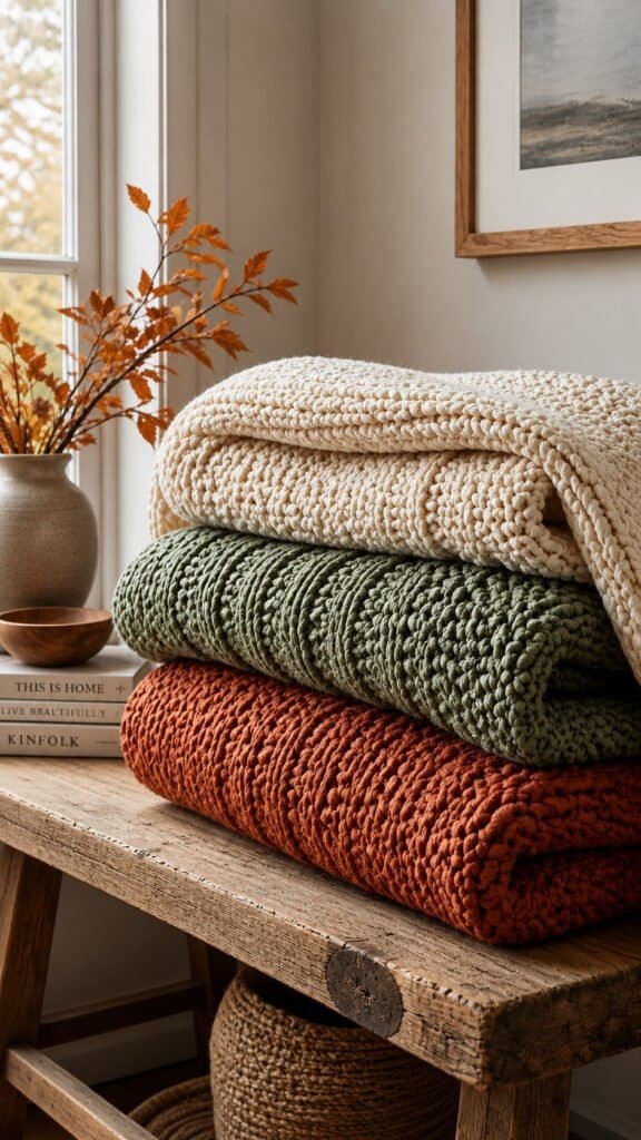 A folded stack of three chunky knit blankets in cream sage and terracotta wool on a wooden bench