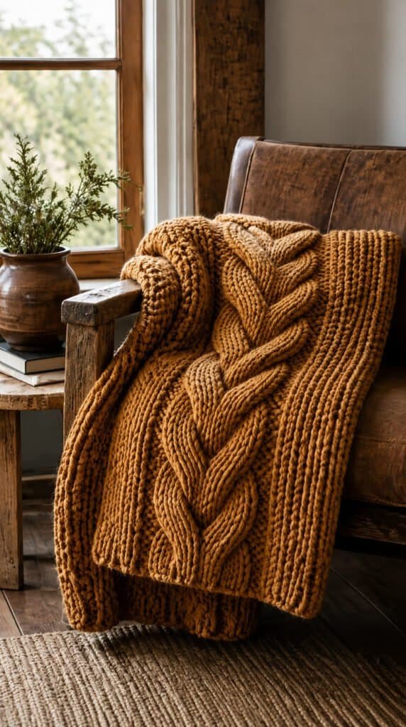 A chunky cable knit throw blanket in warm caramel wool folded on a rustic armchair