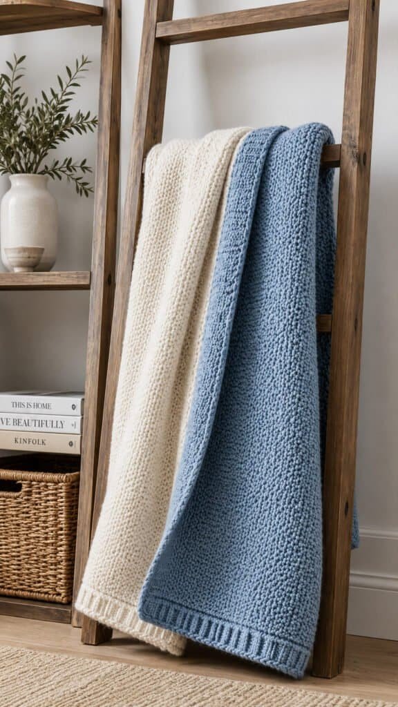 A chunky knit two tone reversible throw blanket in cream and dusty blue on a wooden ladder shelf