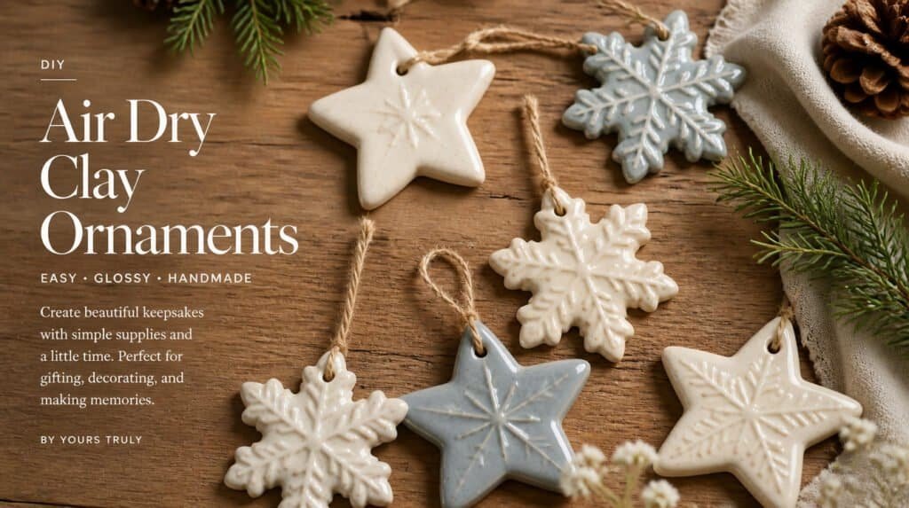 Flat lay of glossy glazed air dry clay ornaments in star and snowflake shapes with winter greenery