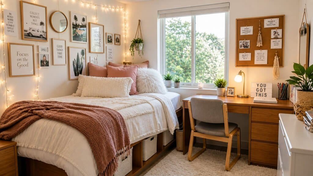 Styled college dorm room with layered bedding, string lights, and a command strip gallery wall