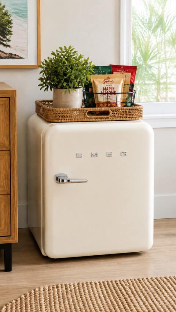 Small styled mini fridge with a tray on top holding snacks and a small plant