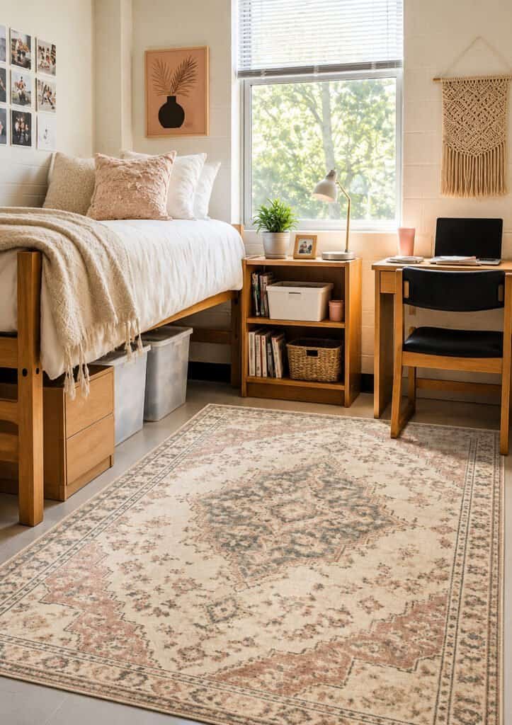 Soft area rug layered over dorm room tile flooring -college dorm room ideas