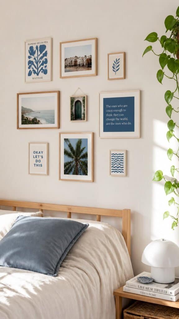 Gallery wall of framed prints and photos hung with command strips above a dorm bed