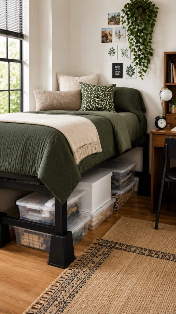Bed risers lifting a dorm bed frame with storage bins tucked underneath
