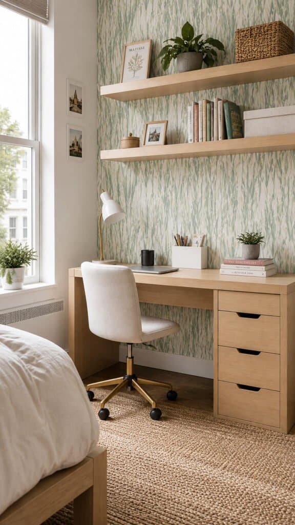 Peel and stick wallpaper accent behind a dorm room desk