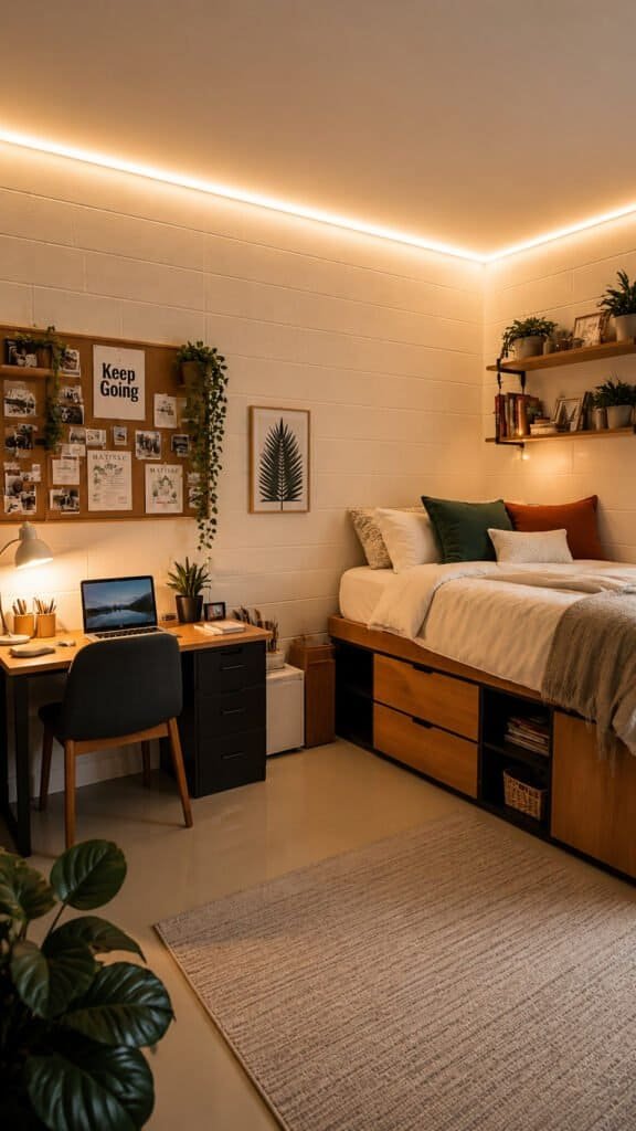 Warm LED strip lighting installed along a dorm room ceiling edge