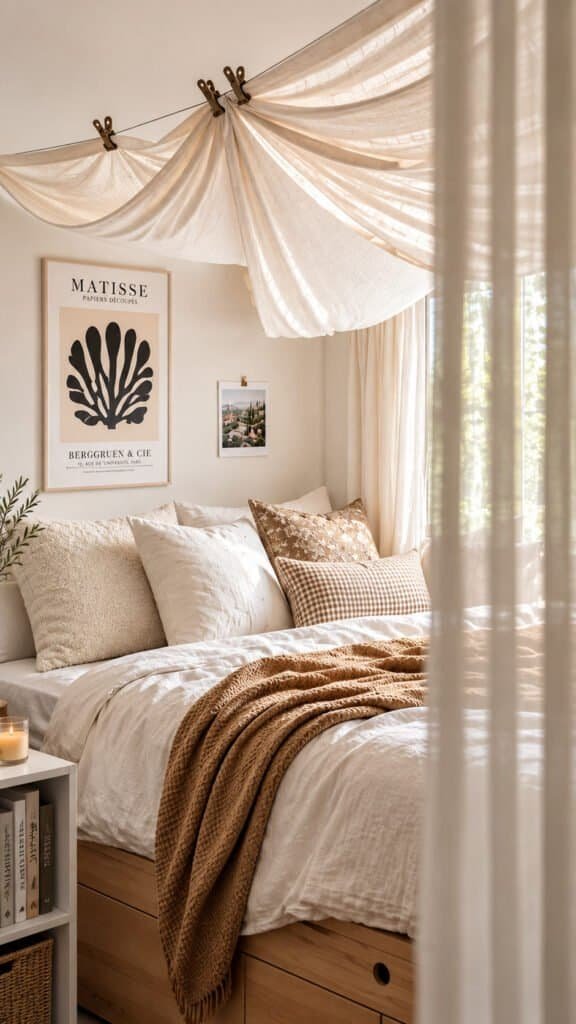 Draped fabric canopy hung above a dorm bed with clips