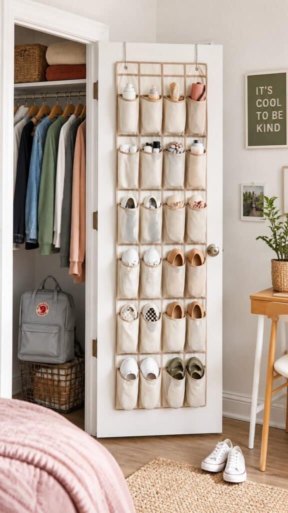 Over the door shoe organizer holding shoes and small supplies in a dorm closet