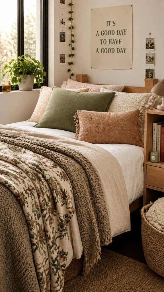 Layered throw blankets and pillows styled on a made dorm bed