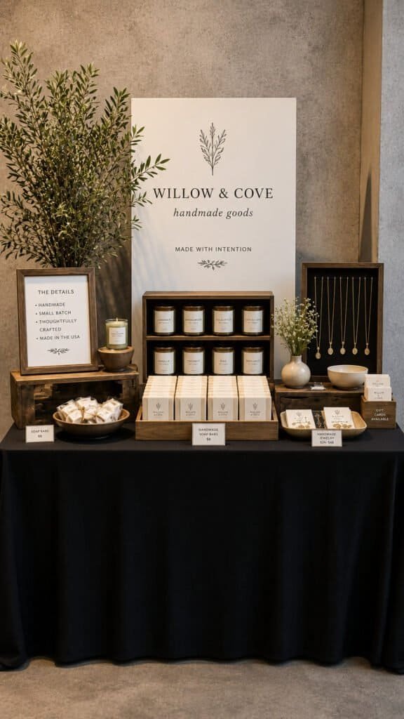 Neatly skirted craft fair table with clean floor length fabric