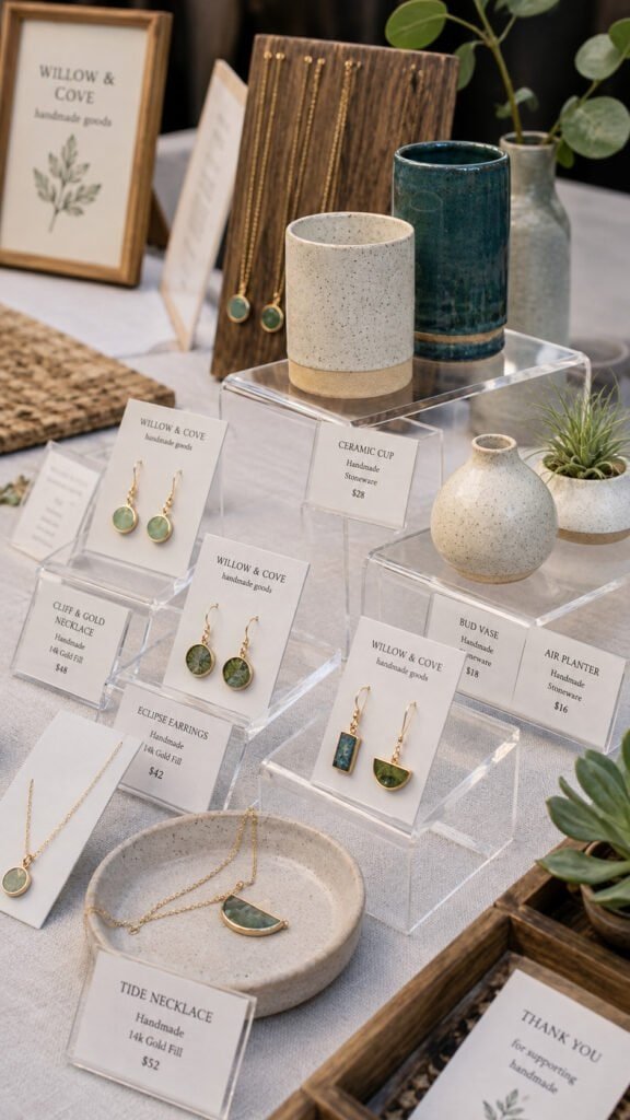 Small acrylic risers displaying handmade jewelry and pottery pieces