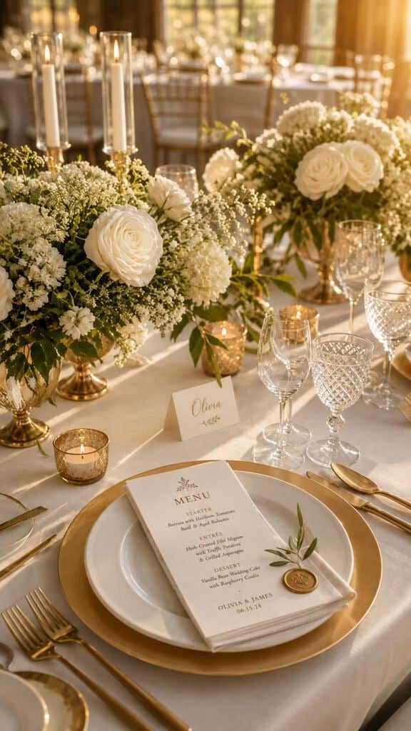 Styled wedding reception tablescape with soft golden hour lighting