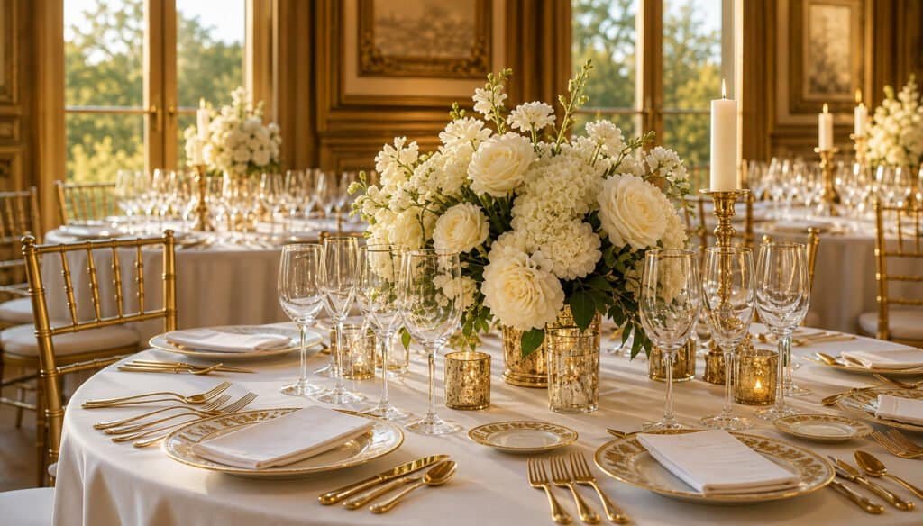 Elegant wedding reception tablescape with gold and white decor details