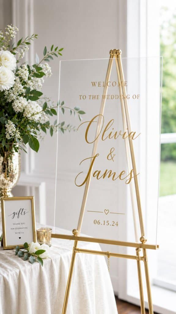 Clear acrylic wedding welcome sign with gold vinyl lettering on easel stand