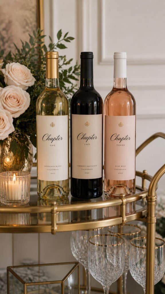 Wine bottles with custom vinyl labels on styled gold wedding bar cart