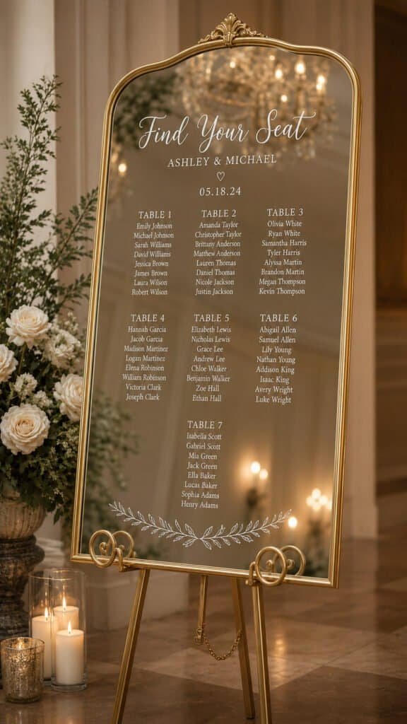 Large mirror wedding seating chart with elegant vinyl script lettering