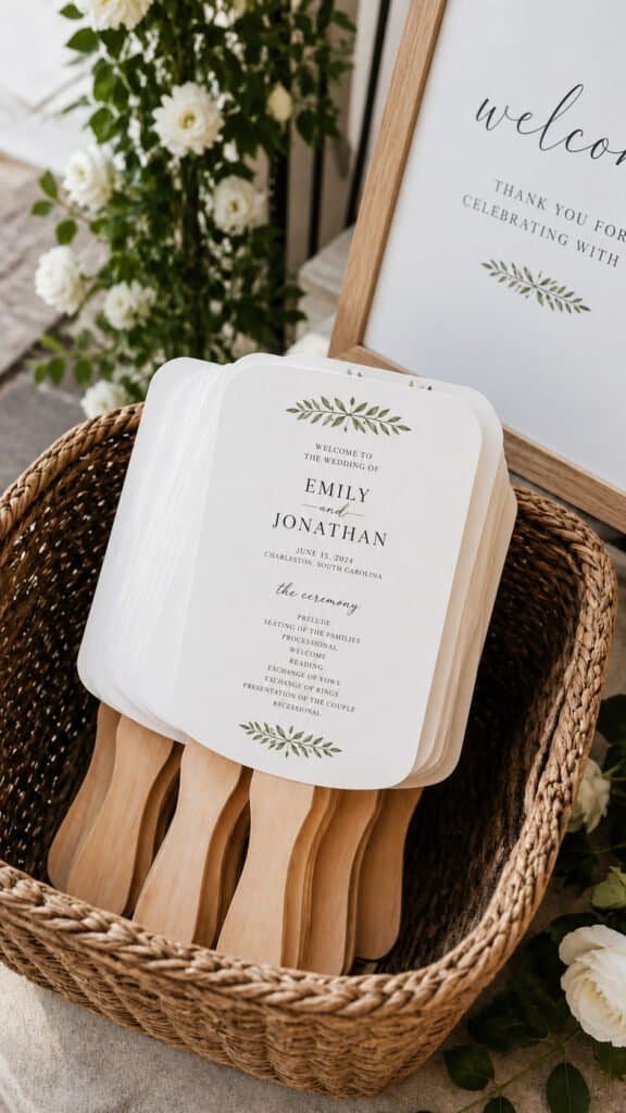 Wood-handled paper fan wedding programs in a basket at ceremony entrance