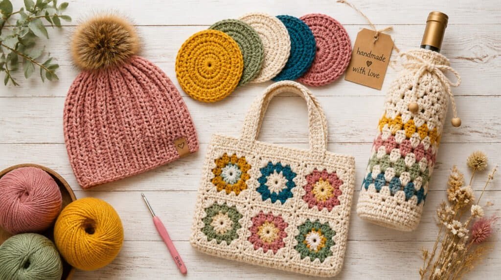 Flat lay of handmade crochet gift ideas including a beanie, coasters, and a tote bag