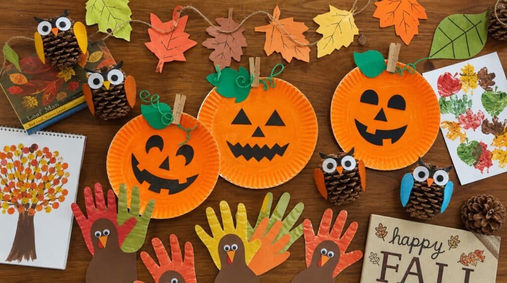 Table full of finished dollar store fall kids crafts including paper plate pumpkins and pinecone owls