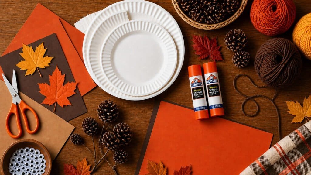 Flat lay of fall classroom craft supplies including paper plates, pinecones, and autumn leaves