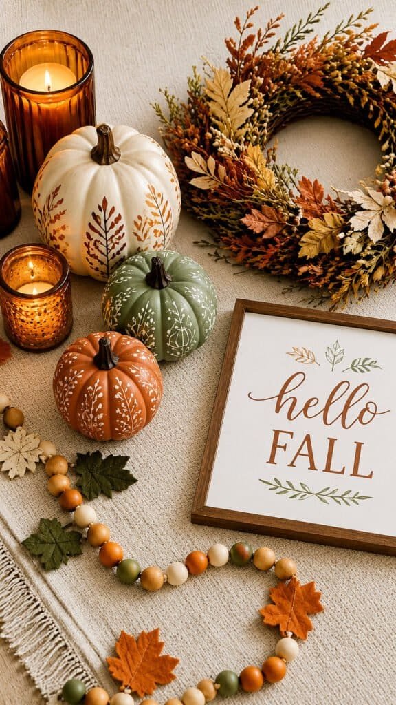 Styled flat lay of finished fall craft night projects including candles and wreath