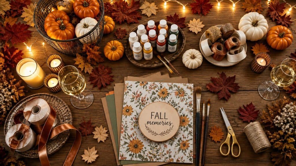 Cozy fall craft night table setup with candles, mini pumpkins and autumn leaves for adults
