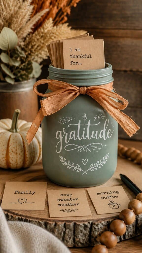 Hand-lettered gratitude mason jar painted with chalk finish paint and ribbon