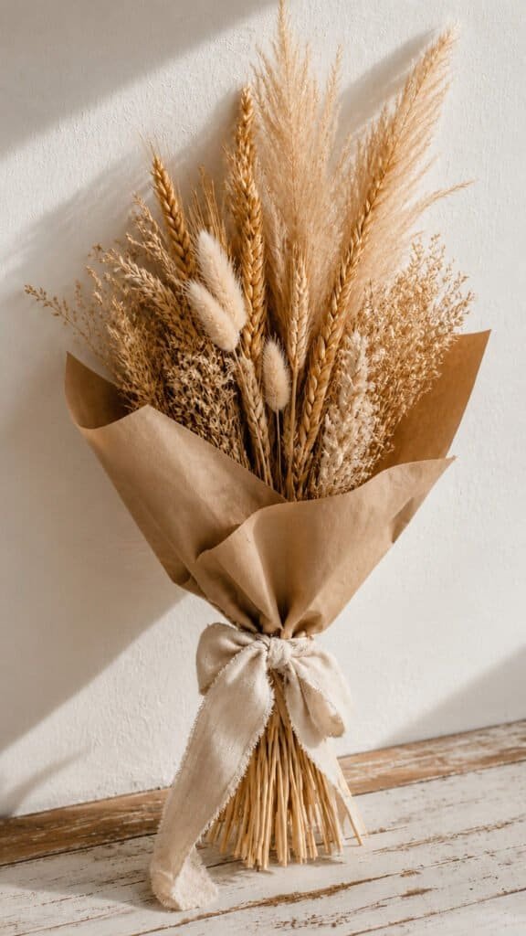 Dried wheat and pampas grass bundle wrapped in kraft paper and linen ribbon