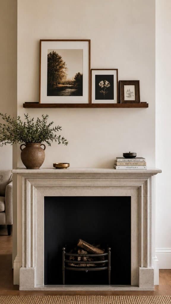 Floating picture ledge above fireplace mantel with small frames leaning on it
