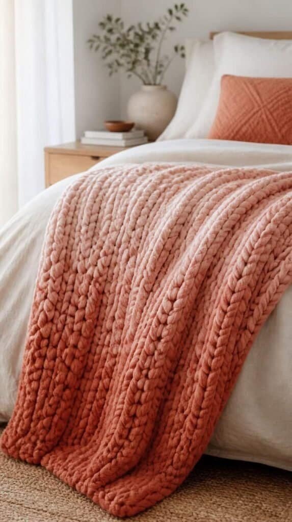 A chunky knit ombre gradient blanket fading from blush pink to terracotta on a bed