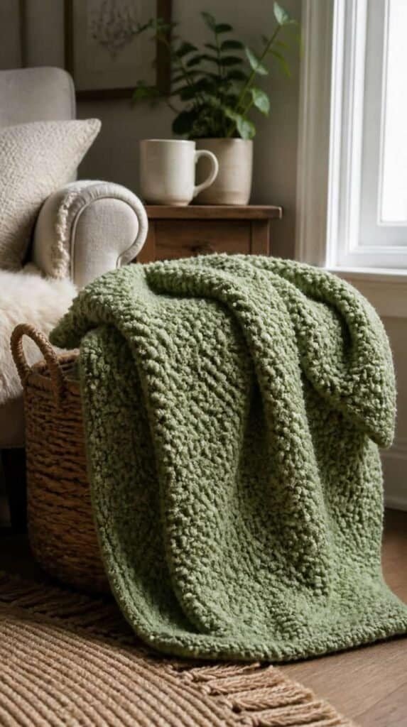 A chunky moss stitch knit throw blanket in soft sage green wool draped over a woven basket