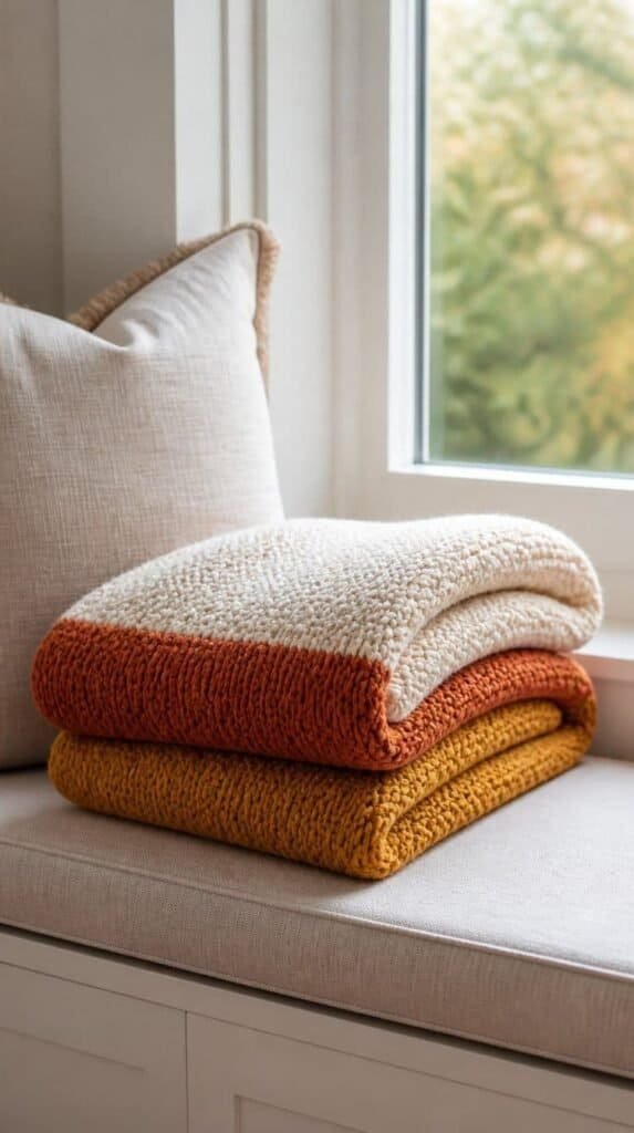 A chunky knit striped color block blanket in cream rust and mustard wool bands folded on a window seat