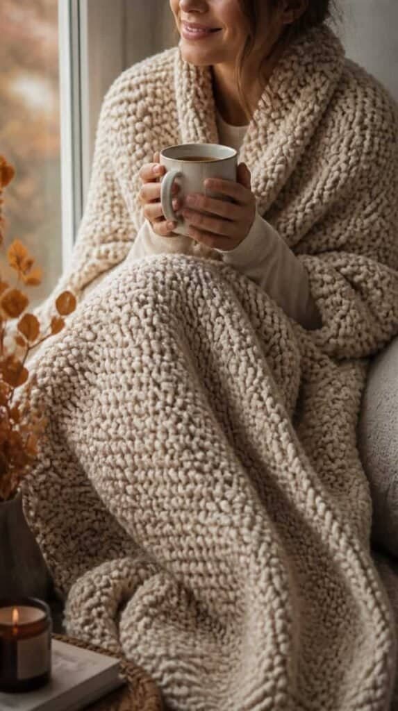 A woman wrapped in a giant chunky seed stitch knit throw blanket in oatmeal wool by a window with tea